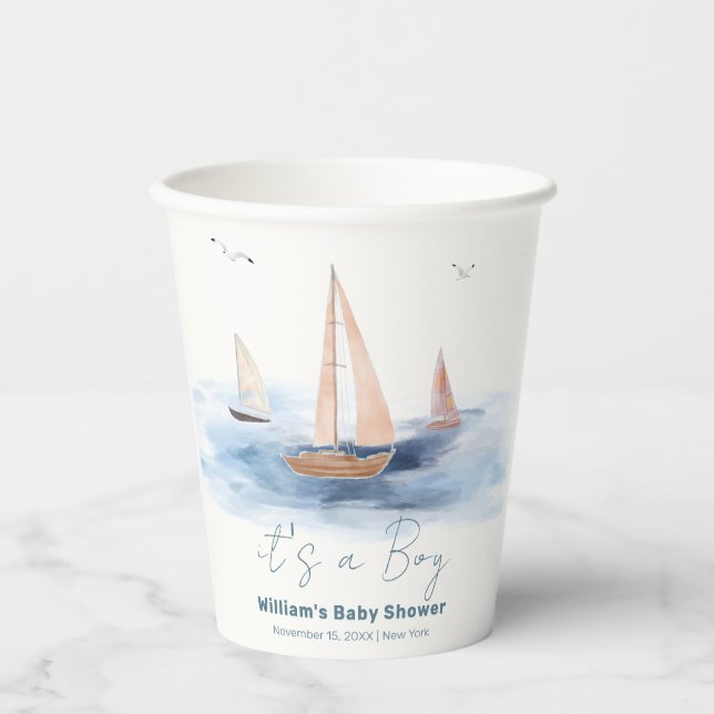 Neutrale Minimalistische Segelboot Babydusche Pappbecher (Vorderseite)