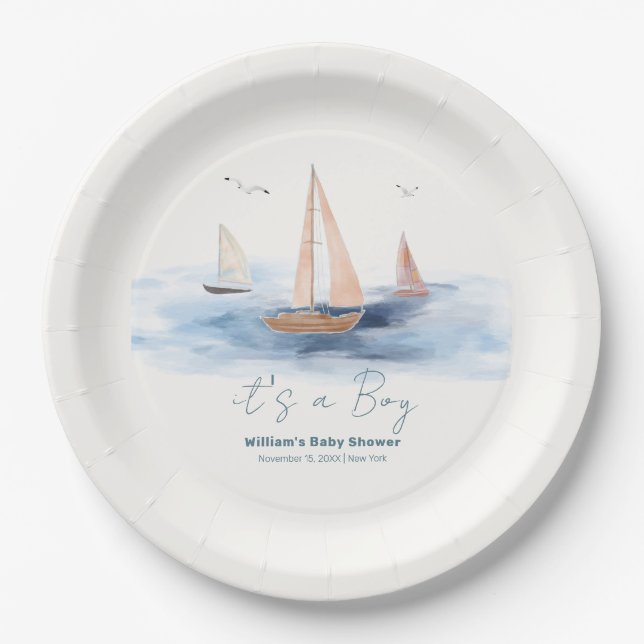 Neutrale Minimalistische Segelboot Babydusche Pappteller (Vorderseite)