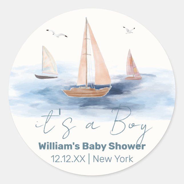 Neutrale Minimalistische Segelboot Babydusche Runder Aufkleber (Vorderseite)