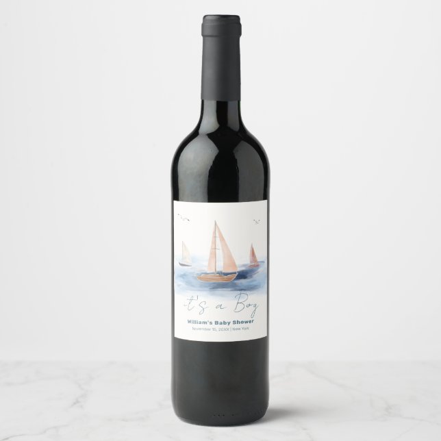 Neutrale Minimalistische Segelboot Babydusche Weinetikett (Vorderseite)