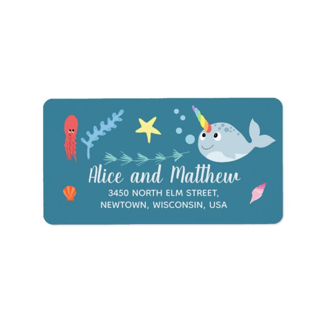 Neutrale moderne Narwhal Ocean Baby Shower Adressaufkleber (Vorne)