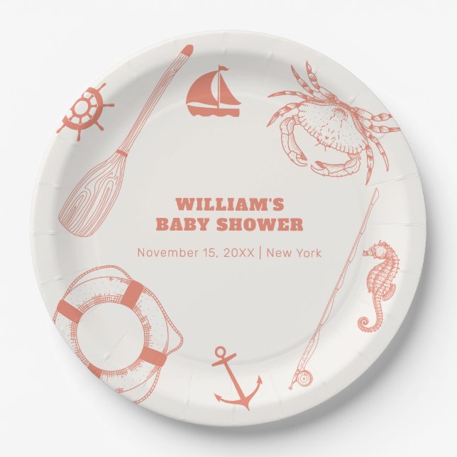 Neutrale moderne Nautical Fishing Boy Baby Shower Pappteller (Vorderseite)