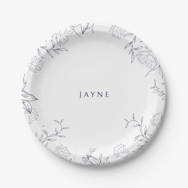 Neutrale Navy- und White-Botanische Dusche Pappteller (Vorderseite)