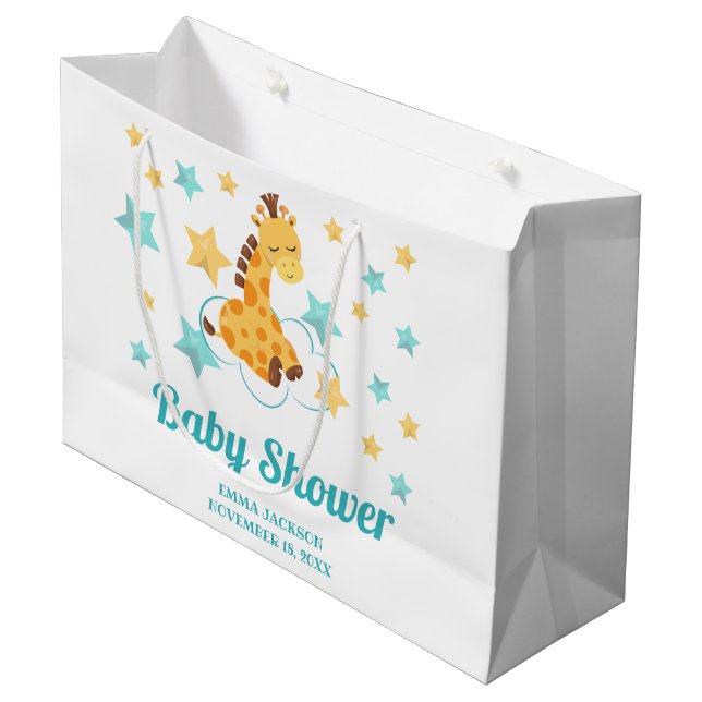 Neutrale Niedliche Giraffe & Stars Kinderdusche Große Geschenktüte (Vorderseite Schrägansicht)
