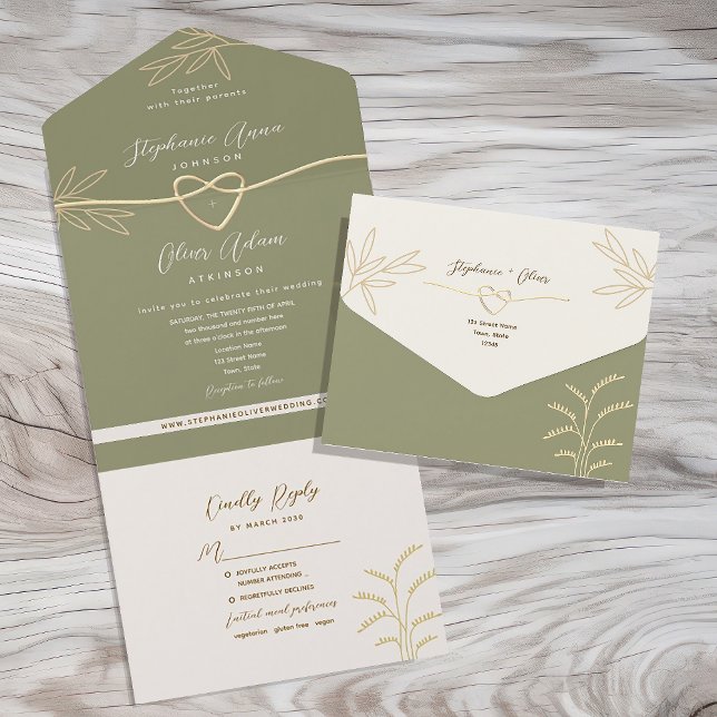 Neutrale Olive Green Wedding All-in-One Einladung (Von Creator hochgeladen)