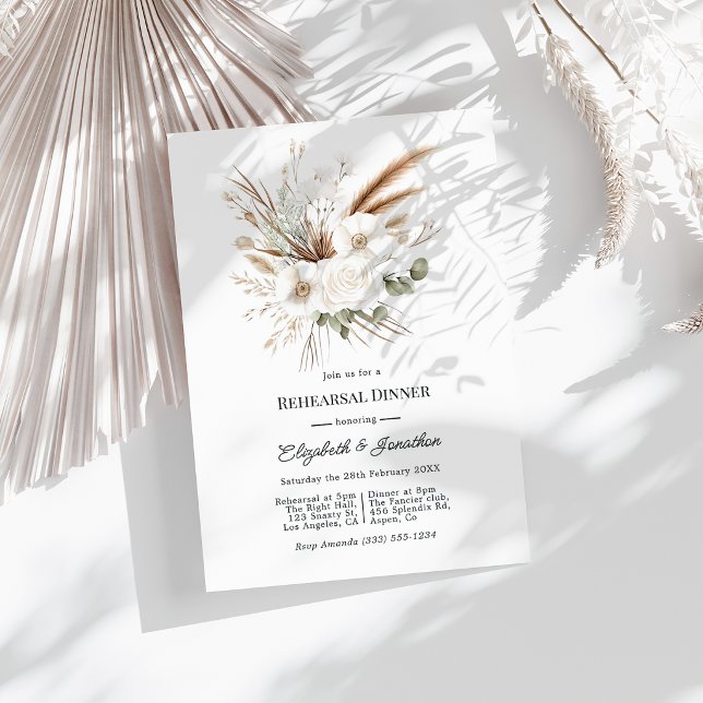 Neutrale Rustikale Boho-Pampasgras-Probe-Dinnerpar Einladung (Neutral Rustic Boho Pampas Grass Rehearsal Dinner Invitation)