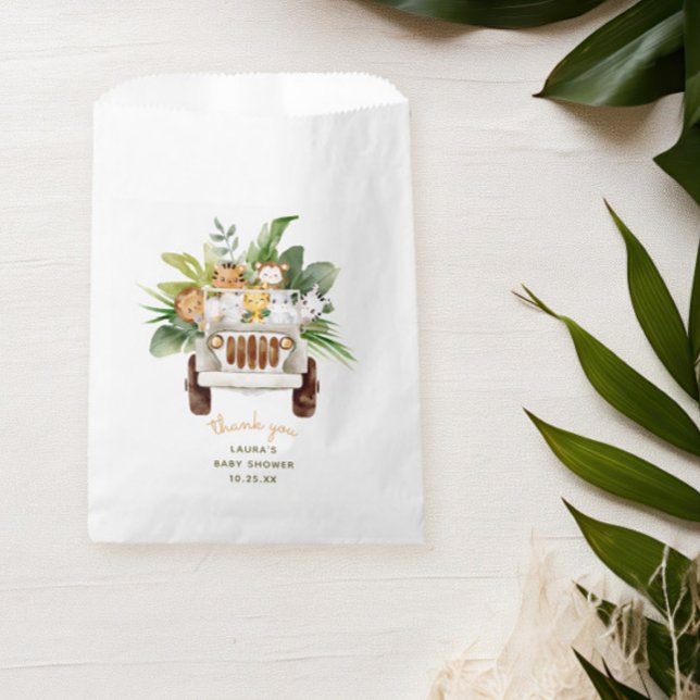 Neutrale Safari Animal Baby Dusche Vielen Dank Geschenktütchen (thank you bag for a safari baby shower with tropical leaves and jungle animals in a car)