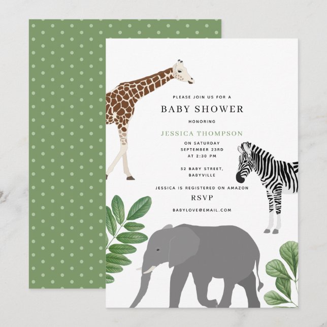 Neutrale Safari Wildtiere Baby Dusche Einladung (Vorne/Hinten)