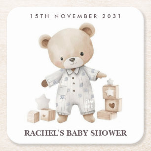 Neutrale Teddybär-Baby-Shower-Unterlagen Rechteckiger Pappuntersetzer