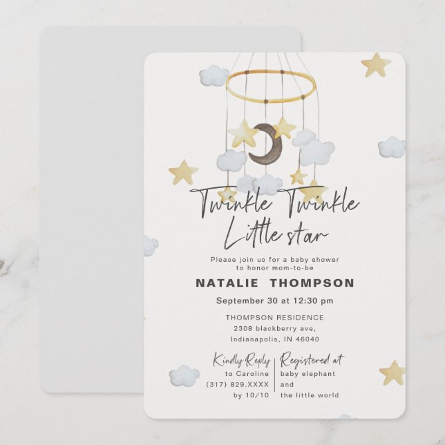 Neutrale Twinkle Little Star Baby Dusche Einladung (Vorne/Hinten)
