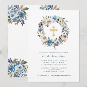 Neutrale und blaue Flora Goldkreuz Einladung