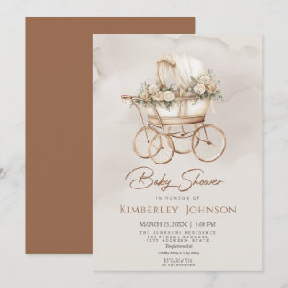 Neutrale Vintage-Kinderwagen-Baby-Party Einladung