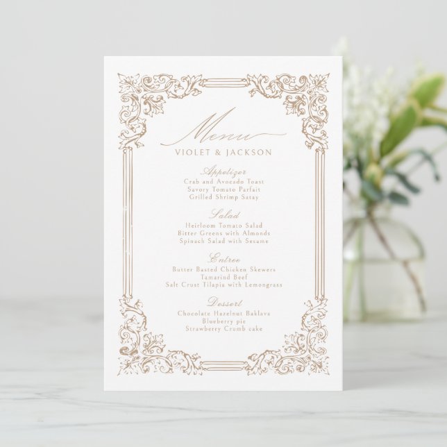 Neutrale Vintage Rahmen-Elegante SkriptWedding Menükarte (Stehend Vorderseite)