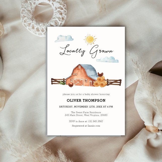 Neutrale, vor Ort angebaute Barn-Babydusche Einladung (Neutral Locally Grown Farm Barn Baby Shower Invitation)