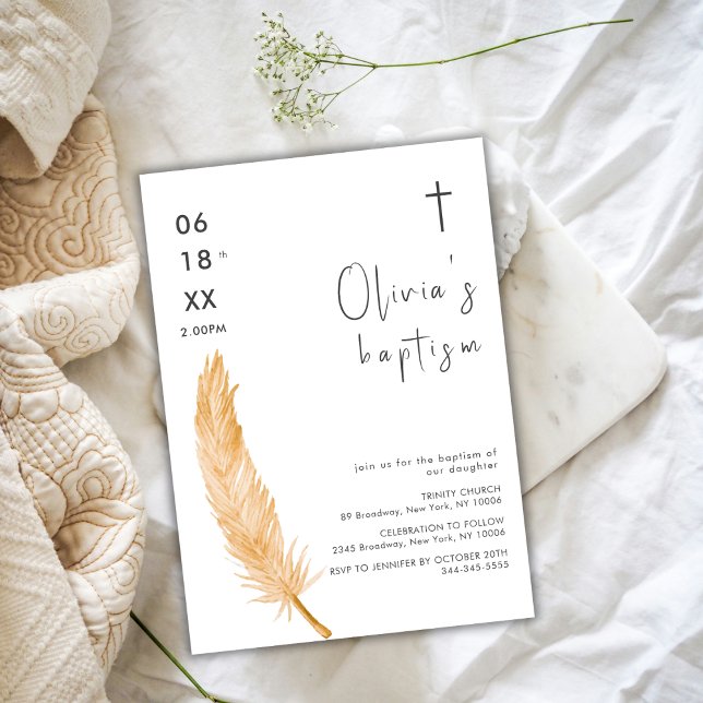 Neutrale Wasserfarbenfederkreuzung Einladung (Neutral Watercolor Feather Cross Baptism Invitation)