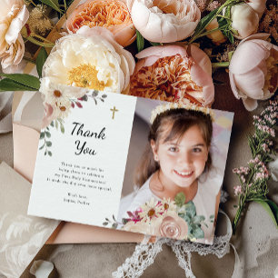 neutrale Wasserfarbenfloral Foto der ersten Komm Dankeskarte