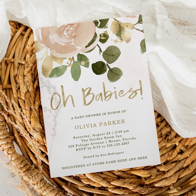 neutrale Wasserfarbenfloral | Oh Babies Baby Dusch Einladung (Von Creator hochgeladen)