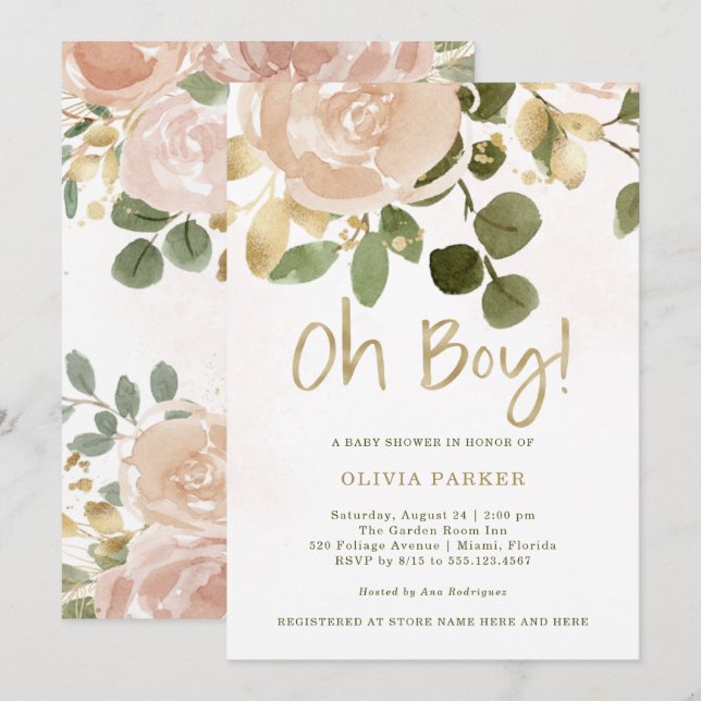 neutrale Wasserfarbenfloral | Oh Boy Baby Shower Einladung (Vorne/Hinten)