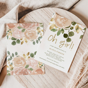 neutrale Wasserfarbenfloral   Oh Girl Baby Dusche Einladung