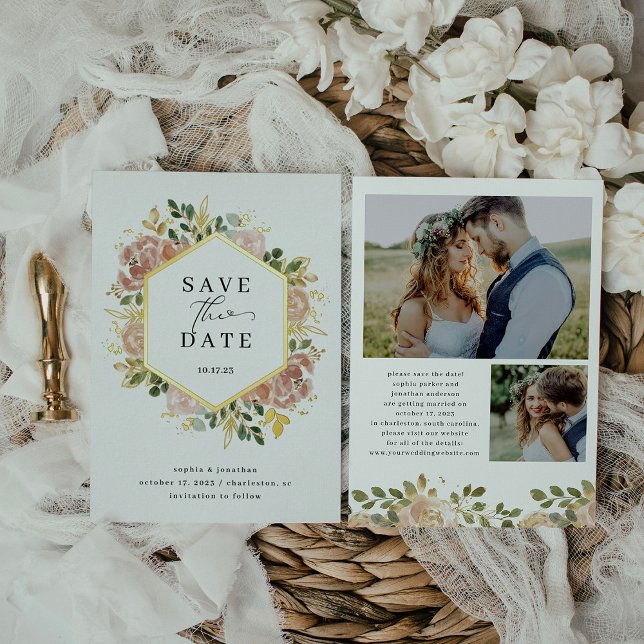 neutrale Wasserfarbenfloral | Save the Date Gold Folieneinladung (Von Creator hochgeladen)