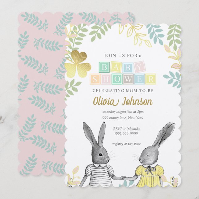 Neutrale Whimsical Rustic Bunny Baby Shower Einladung (Vorne/Hinten)
