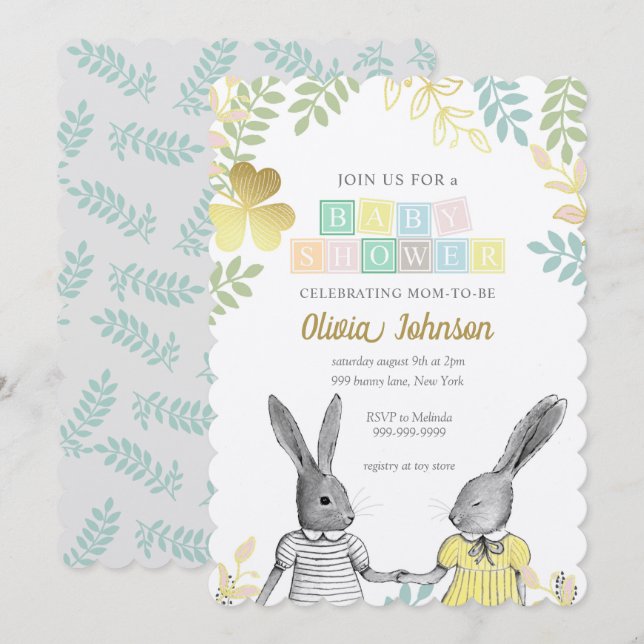 Neutrale Whimsical Rustic Bunny Baby Shower Einladung (Vorne/Hinten)