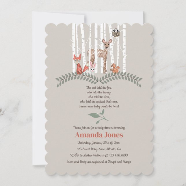 Neutrale Whimsical Woodland Creatures Baby Shower Einladung (Vorderseite)
