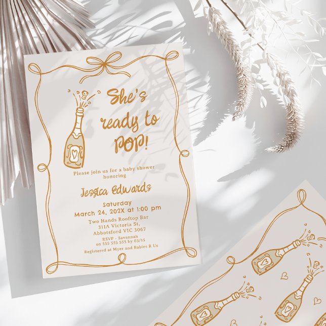 Neutrale Whimsikscheiben für den Pop mit Kinderdus Einladung (Whimsical She's Ready to Pop Baby Shower Invitation Gender Neutral Bow Champagne Bottle Pop Cork)