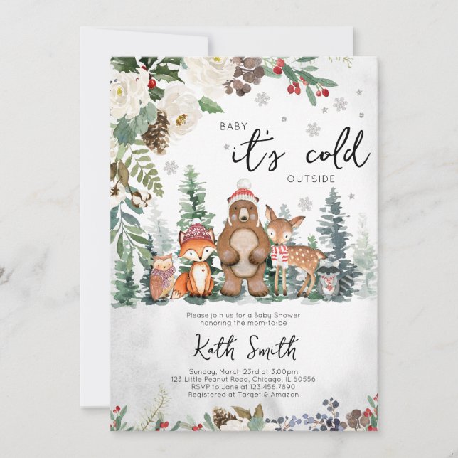 Neutrale Winter Woodland Babydusche Einladung (Vorderseite)