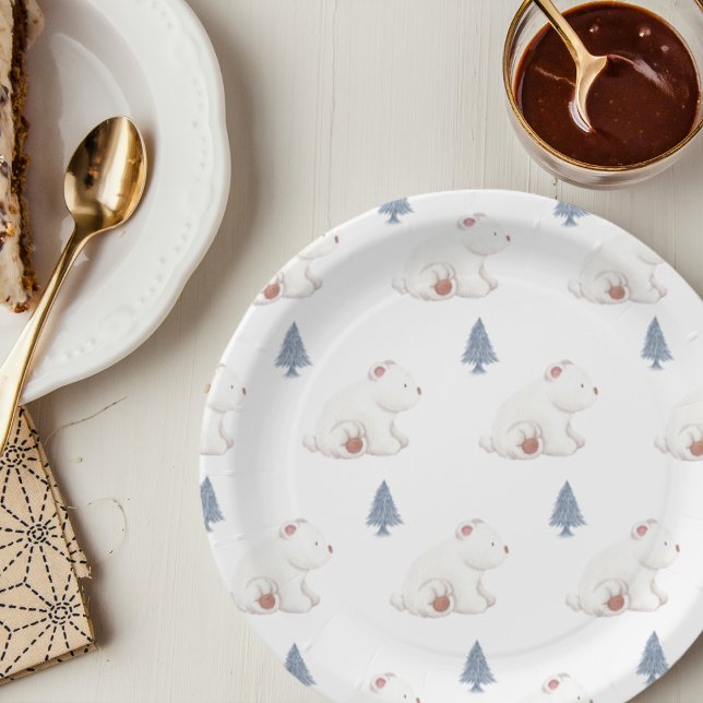 Neutrale Winterpolarbärdusche Pappteller (Gender Neutral Winter Polar Bear Baby Shower Paper Plates)