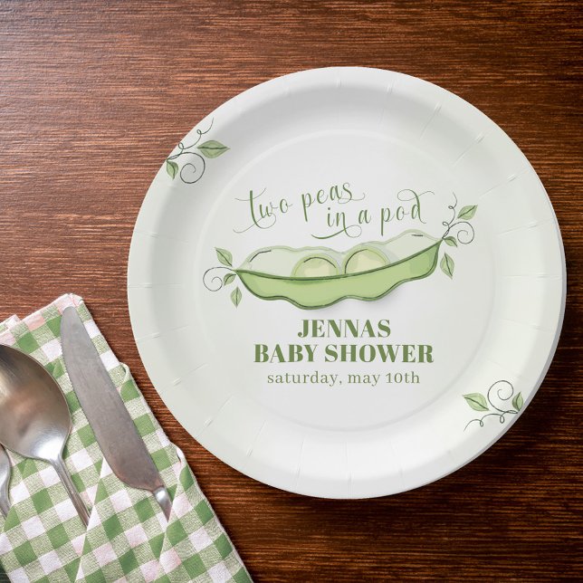 Neutrale zwei Erbsen in einem Pod Green Pappteller (Gender Neutral Baby Shower Custom Paper Plate.)