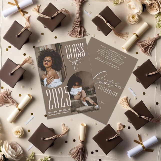 Neutraler brauner Abschluss mit Fotos Einladung (Neutral Brown Graduation Photo Invitation)