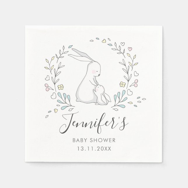 Neutraler Bunny Floral Name Datum Babydusche Serviette (Vorderseite)
