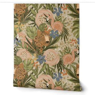 Neutraler Dschungel Cheetah und Flamingo Floral Tapete