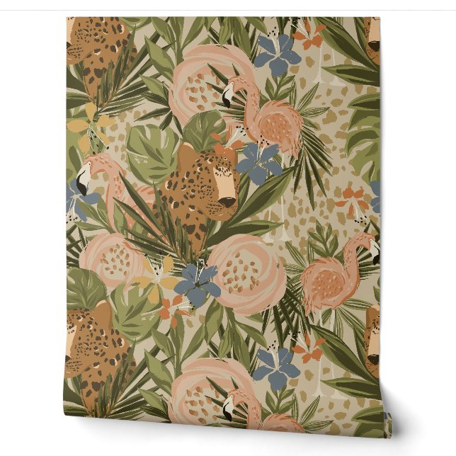 Neutraler Dschungel Cheetah und Flamingo Floral Tapete (Abrollen)