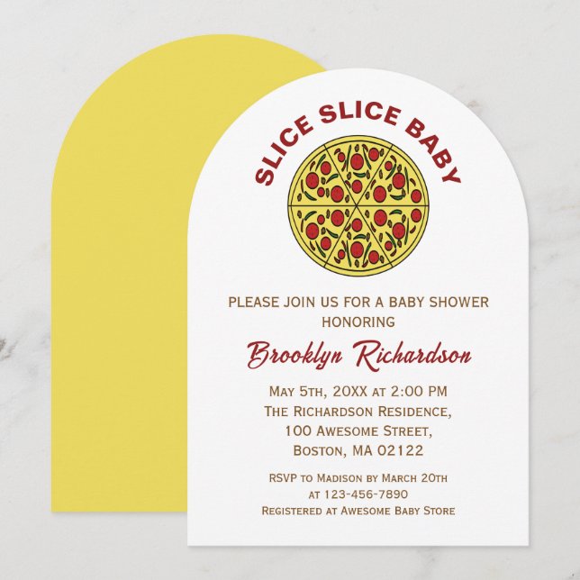 Neutraler Spaß Pizza Slice Slice Baby Dusche Einladung (Vorne/Hinten)