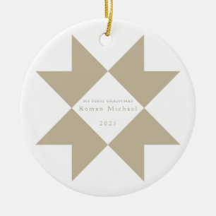 Neutraler Streifen Quilt Star mein erstes Weihnach Keramik Ornament