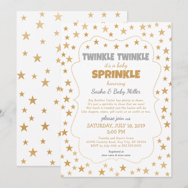 Neutraler Twinkle Baby Sprinkle Goldstar Einladung (Vorne/Hinten)