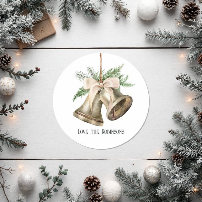 Neutraler Weihnachtsgebirge Runder Aufkleber (Neutral Watercolor Christmas Bells Holiday Classic Round Sticker)