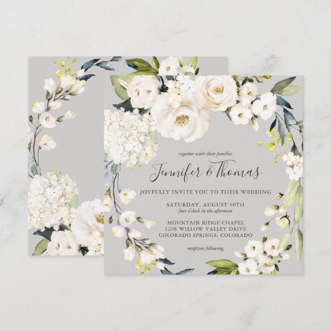 Neutraler weißer Blumenreath auf Taupe Hochzeit Einladung (Vorne/Hinten)