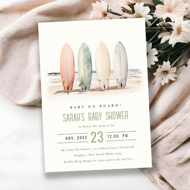 Neutrales Baby an Bord Surfbrett Babydusche Einladung (Von Creator hochgeladen)