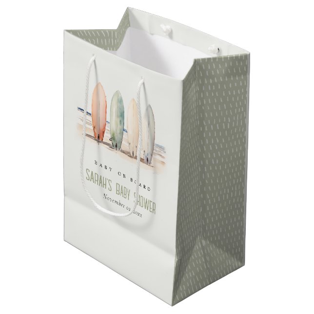 Neutrales Baby an Bord Surfbrett Babydusche Mittlere Geschenktüte (Vorderseite Schrägansicht)