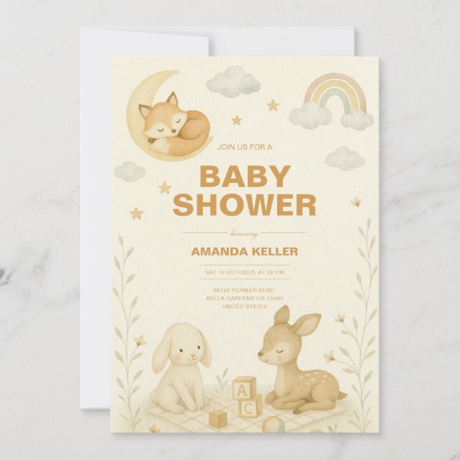 Neutrales Baby Animal Kinderzimmer Baby Shower Einladung (Vorderseite)