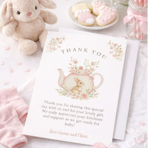 Neutrales Baby-Bunny- & Blumenteekanne-Babyshower Dankeskarte