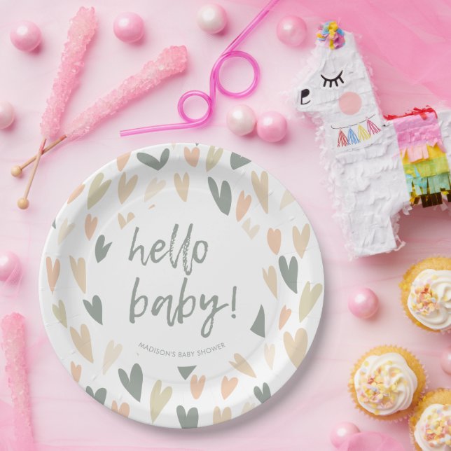 Neutrales Baby-Dusche-Party für moderne Herz-Gesch Pappteller (Party)