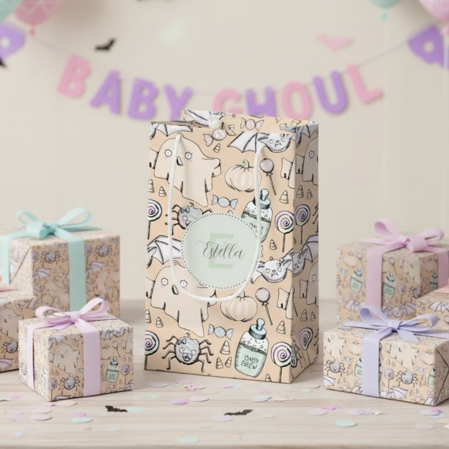 Neutrales Baby Halloween Pumpkin Ghost Kleine Geschenktüte (Cute Halloween Gift Bags for Gender Neutral Fall Baby Shower. Spooky Ghosts, Bats & Pumpkin Pattern)