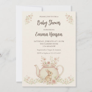 Neutrales Baby-Shower-Motiv mit Hase und floraler Einladung