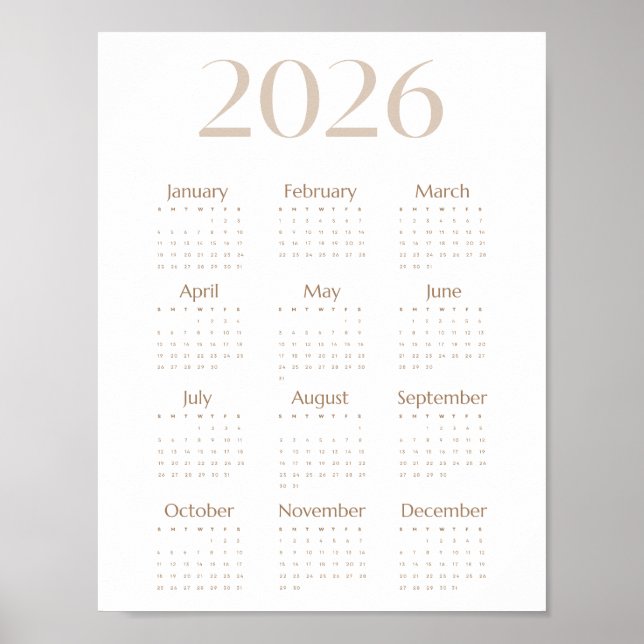 Neutrales Beige 2026 Kalender Minimalist One-Page Poster (Vorne)