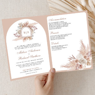 Neutrales Beige-Blumen-Boho-Pampas-QR-Code-Hochzei Einladung