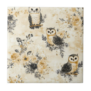 Neutrales Beige-Eulen-Blumen-Botanik-Muster Fliese